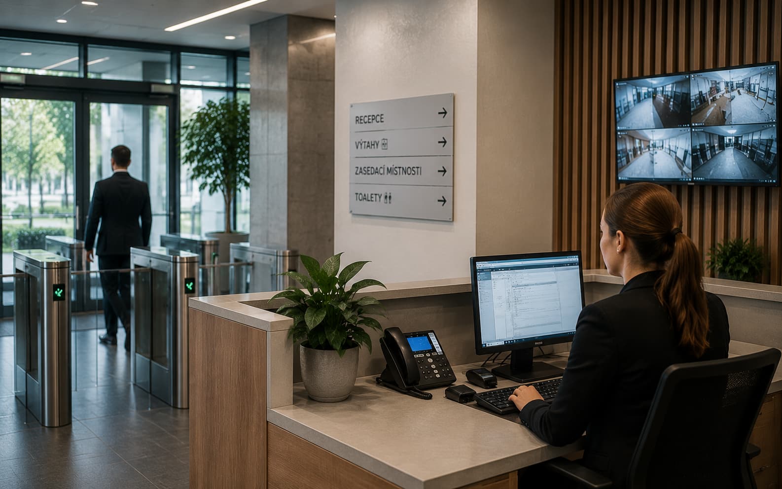 Recepční kontroluje vstup do administrativní budovy pomocí přístupového systému a kamerového dohledu